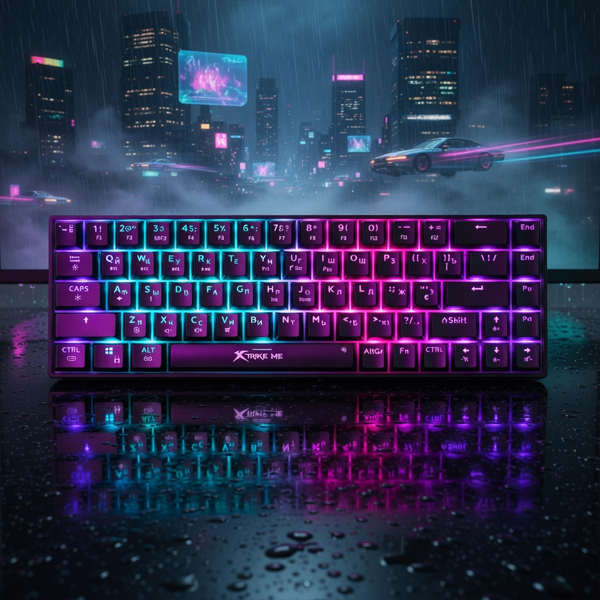 Gaming keyboard with RGB lighting in a futuristic cityscape