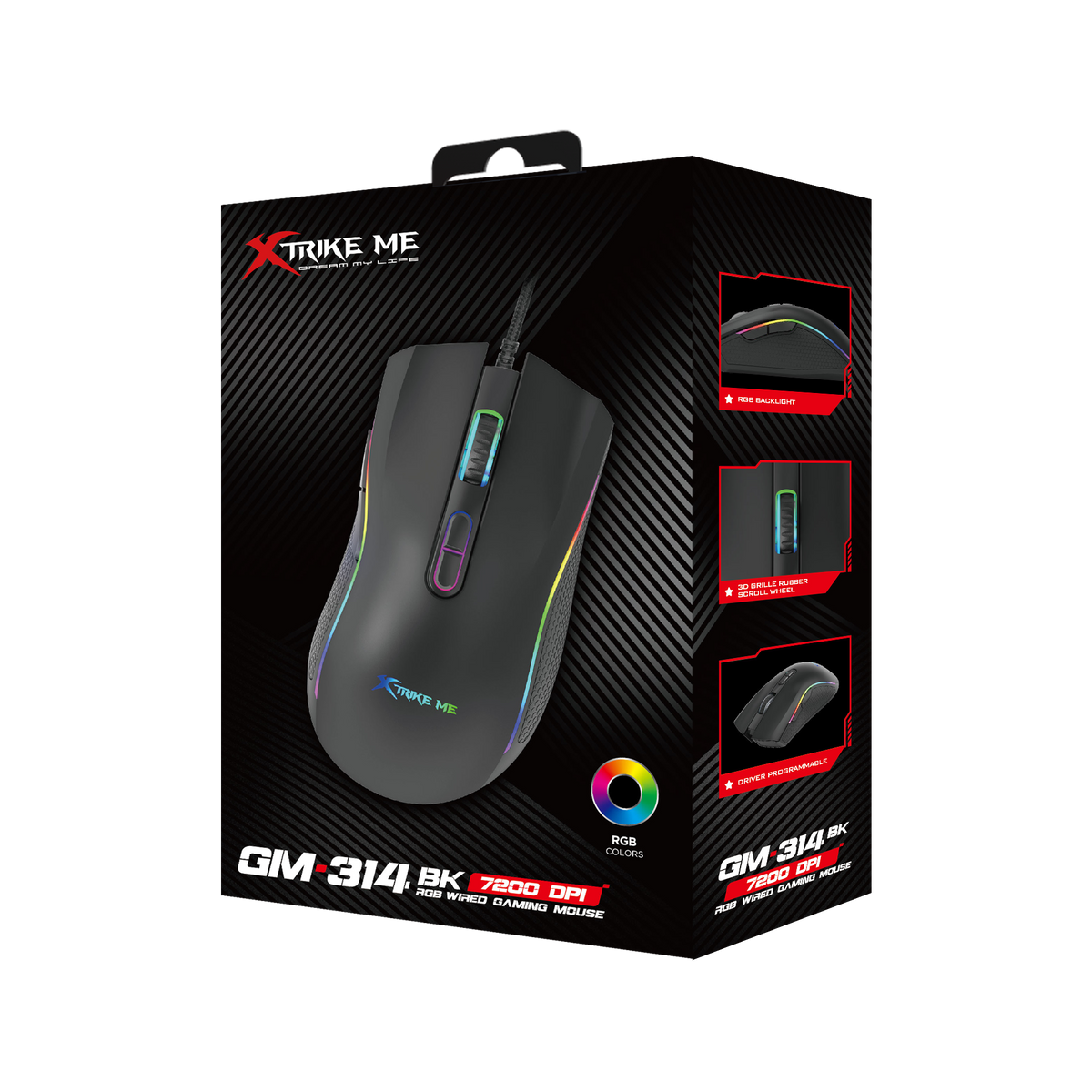 Xtrike Me GM-314 black gaming mouse packaging box