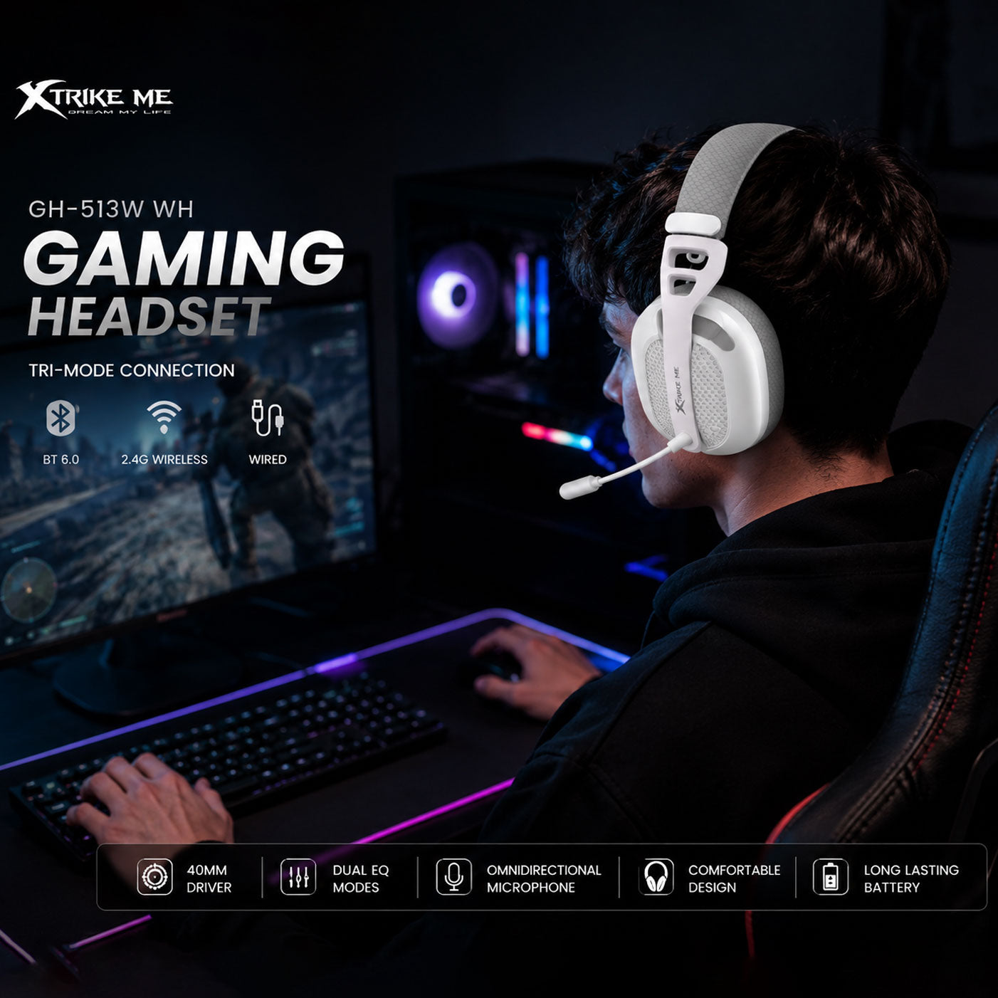 Xtrike-Me GH-513W Wireless Gaming Headset BT 6.0 2.4G USB Wired