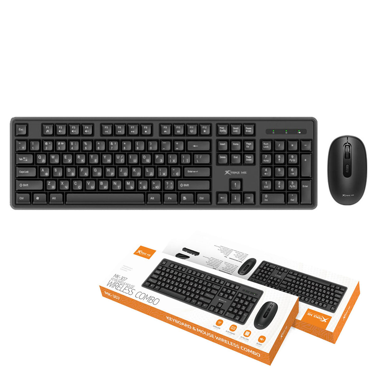 Black keyboard and mouse set with packaging