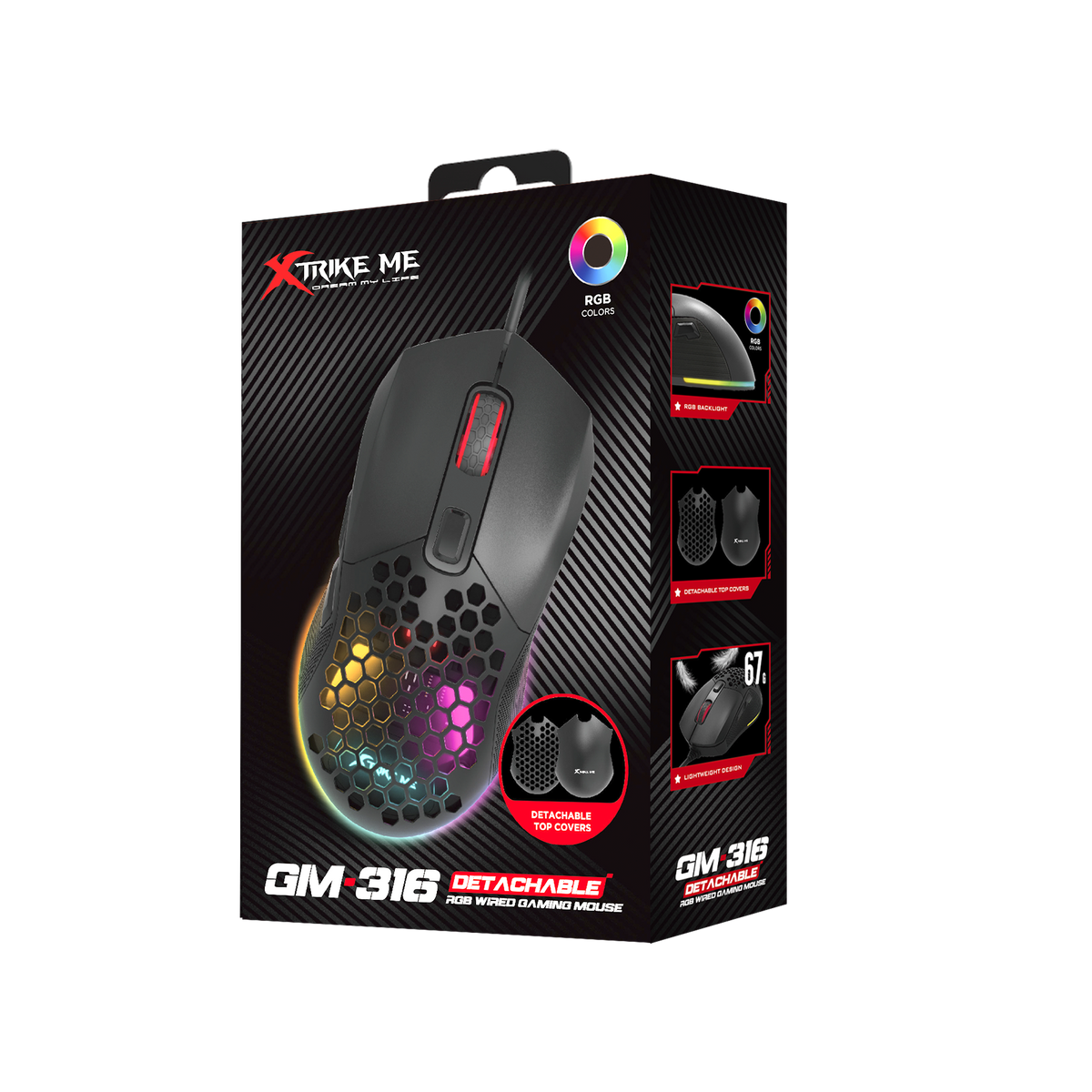 Gaming mouse packaging with Xtrike Me branding