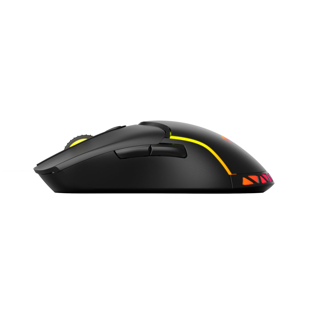 Gaming mouse with black, yellow, and red design