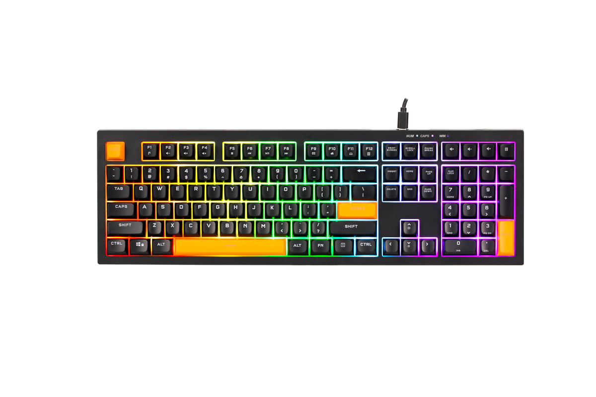 Mechanical keyboard with RGB lighting on a white background