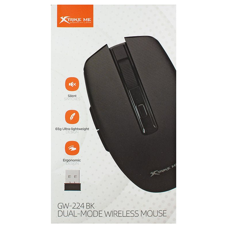 Xtrike Me dual-mode wireless mouse packaging with features listed.