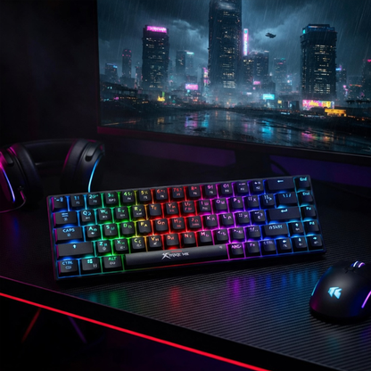 mechanical gaming keyboard with RGB rainbow backlighting sits