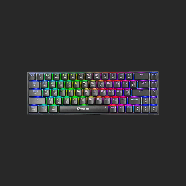 compact mechanical keyboard with black keycaps and vibrant RGB rainbow backlighting