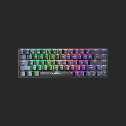 compact mechanical keyboard with black keycaps and vibrant RGB rainbow backlighting