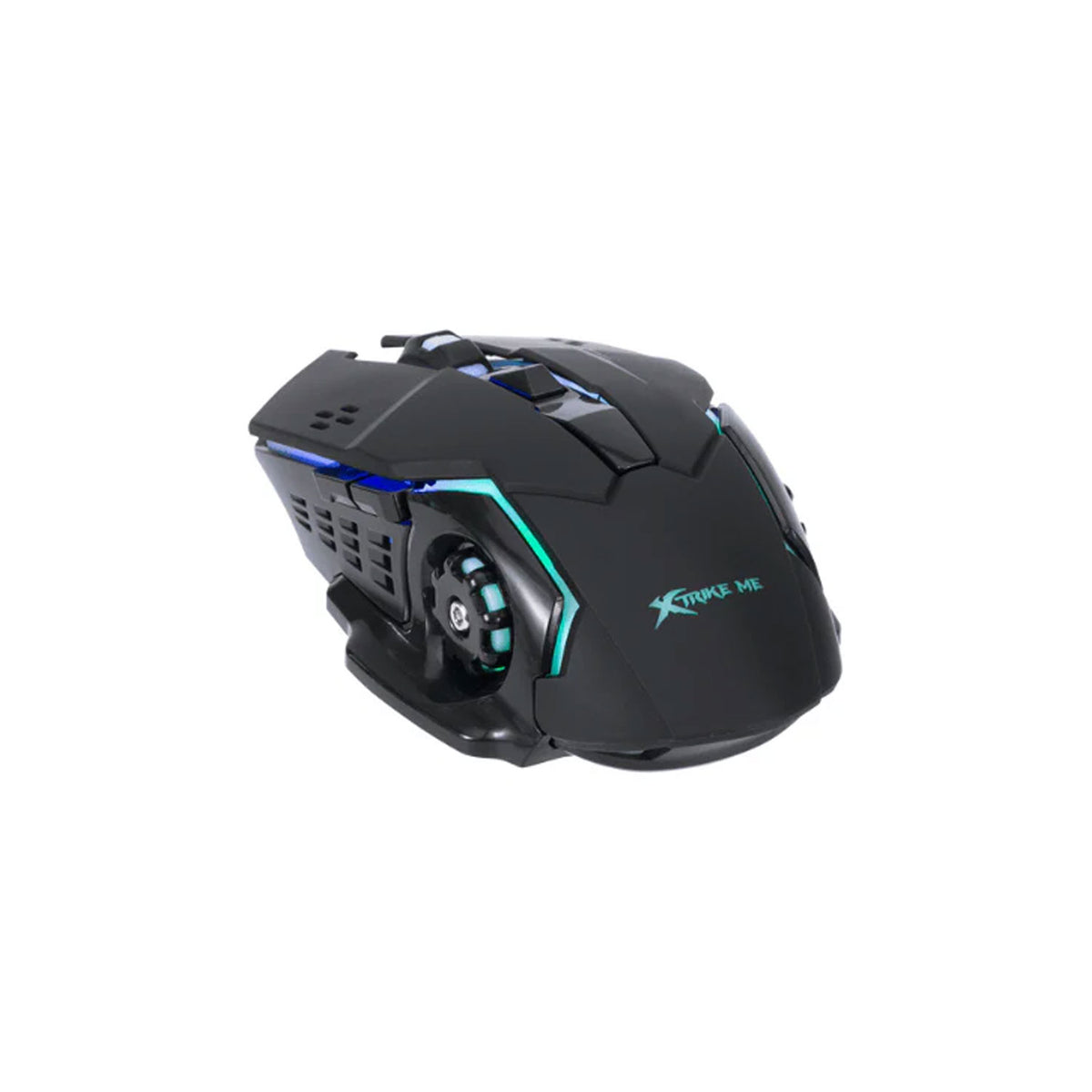 Xtrike Me black gaming mouse front left view with blue LED