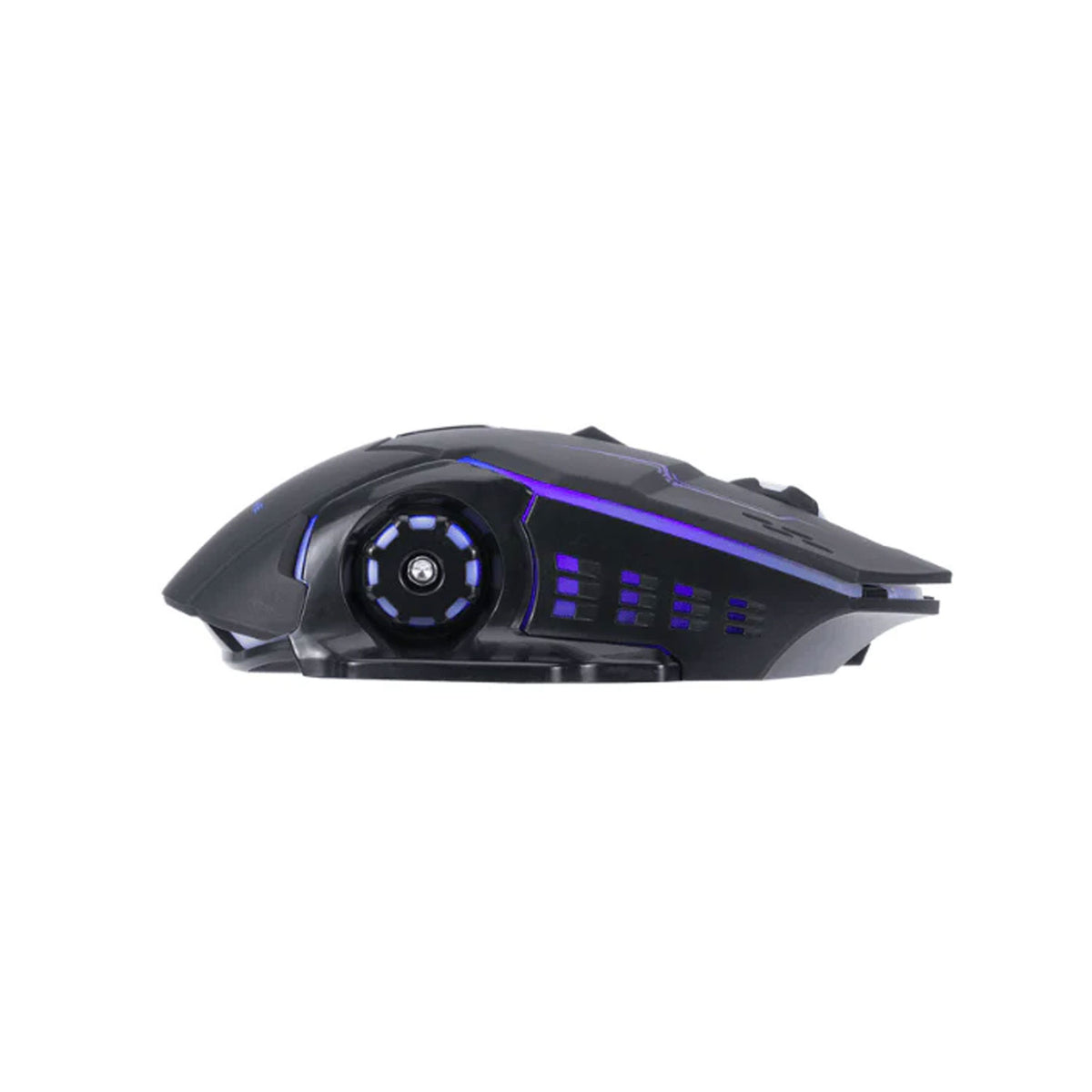 Xtrike Me black gaming mouse side profile with blue LED